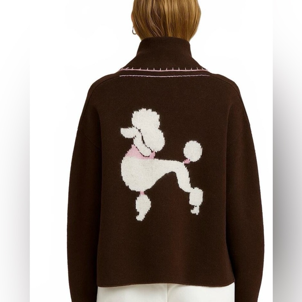 Anthropologie Brown Cardigan with Pink Trim and poodle!